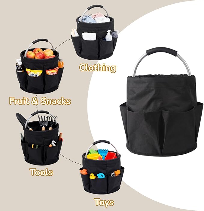 17L Foldable Storage Basket with 6 Side Pockets Cleaning Caddy with Handle Folding Storage Bin for Home Bathroom Camping Gardening (Black)