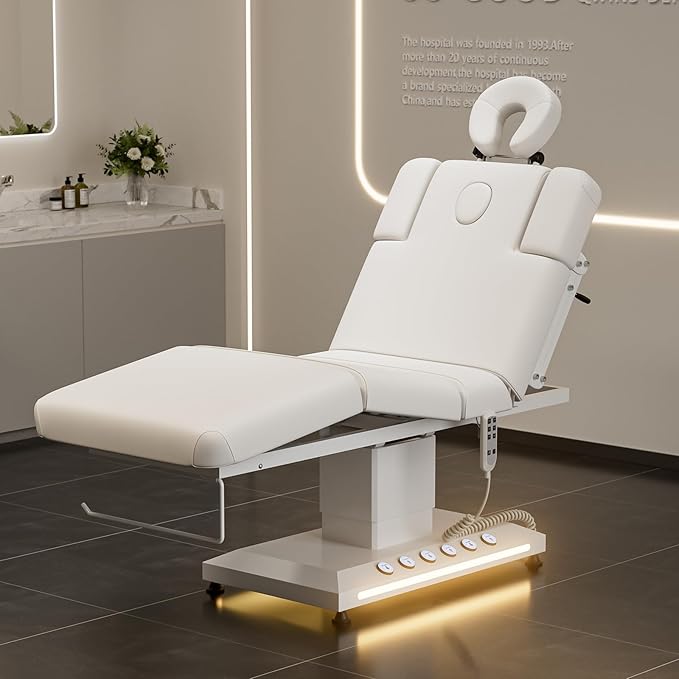 VARONXE Full Electric Massage Table Spa Bed, Professional Facial Bed with Independent Leg Adjustment, Armrests and Cradle, Medical Treatment Chair for Beauty Salon, White