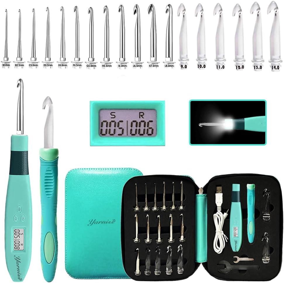 Yarniss 18 Size Counting Crochet Hooks with Light, Digital Counter Crochet Hooks Set with Case (2.0mm~14.0mm)