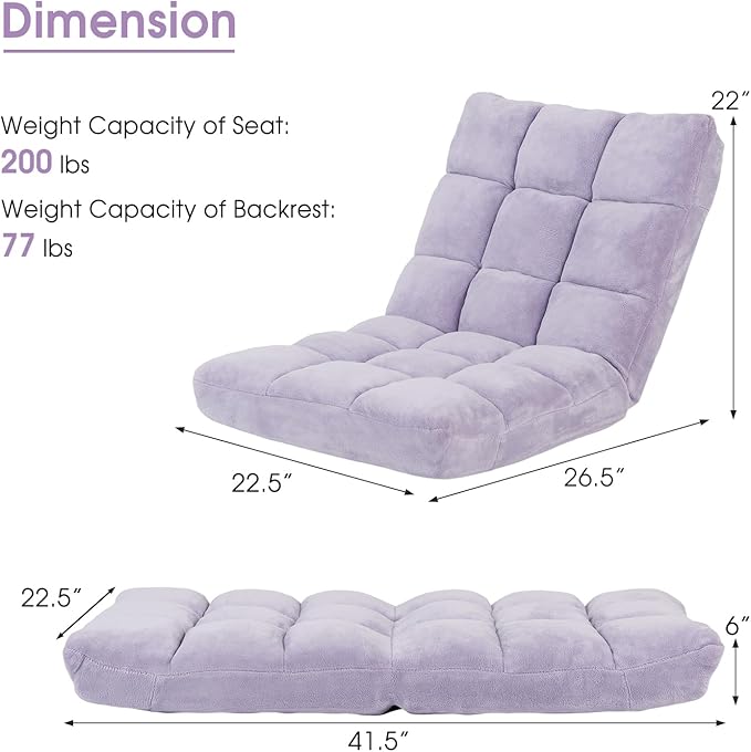 MAT EXPERT 14-Position Floor Chair, Floor Gaming Chair w/Soft Coral Fleece, Alloy Steel Frame, Padded Lazy Couch Recliner, Floor Chair w/Back Support for Reading, Meditating (Light Purple)