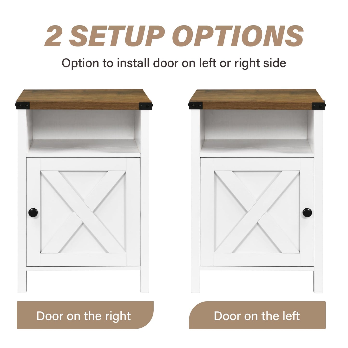 Catrimown Farmhouse End Table, Nightstand Set of 2, Rustic Night Stand with Barn Door and Storage Shelf, White End Table, Side Table for Bedroom Living Room, White