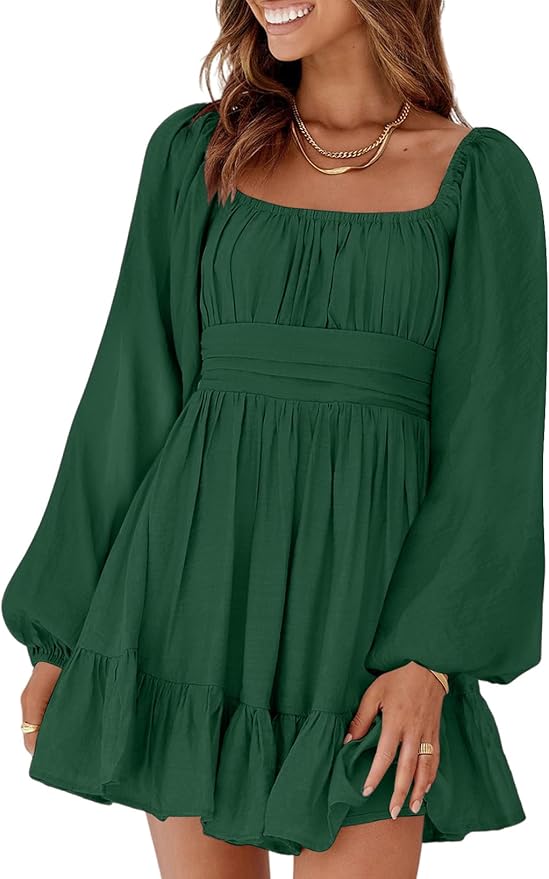Dokotoo Womens Dress Long Lantern Sleeve Square Neck Tie Backless Sexy Dress Ruffle Elastic Waist A-Line Mini Dress