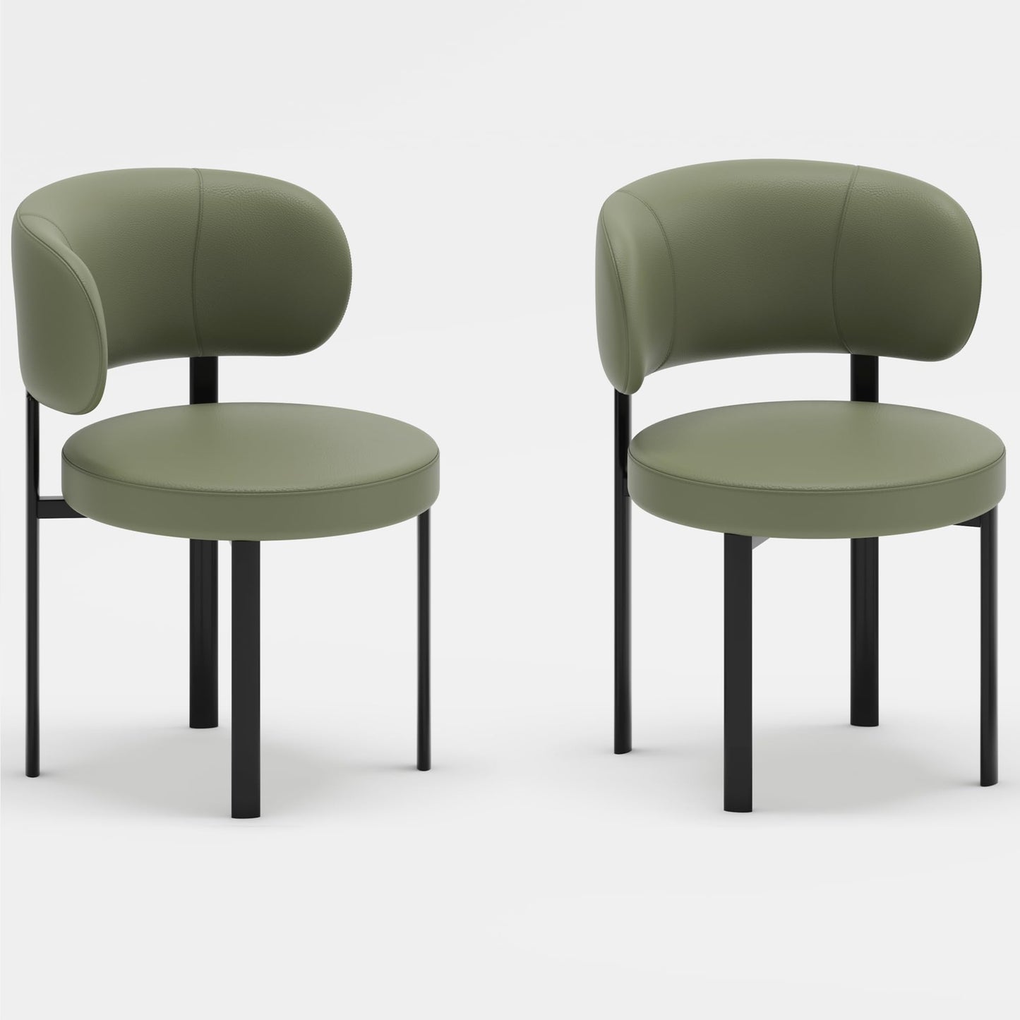 HaufChox Mid Century Dining Chairs Set of 4, Morden Kitchen Chair, Round Upholstered Seat, Curved Split Backrest, Carbon Steel Legs, Textured Leather for Bar/Restaurant/Office, Olive