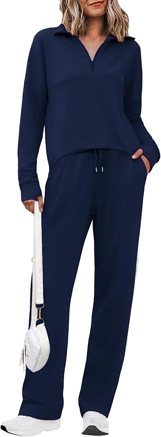 Totatuit Womens Sweatsuits 2 piece Set Lapel Half Zip Lightweight Sweatshirts and Wide Leg Pants Tracksuit Lounge Sets