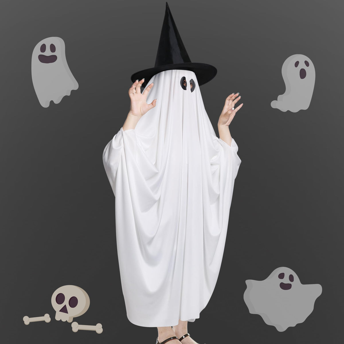 PURPLE STAR 1N Halloween Ghost Costume for Kids Adult- White Ghost Cloak Costume with Witch Hat- Spooky Halloween Ghost Costumes Fancy Dress Cosplay for Party Trick-or-Treating (Small)