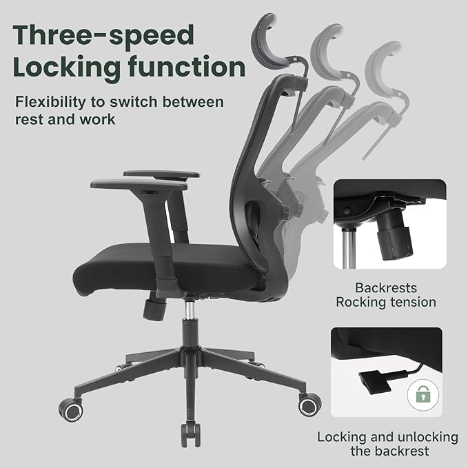 ZYFFHYLAI Ergonomic Office Chair - 350LB Mesh Office Chair with Adjustable Lumbar, High Back Computer Desk Chair with 3D Armrests, Comfy Chair with 2D Headrest & Tilt Function for Study, Work, Gaming