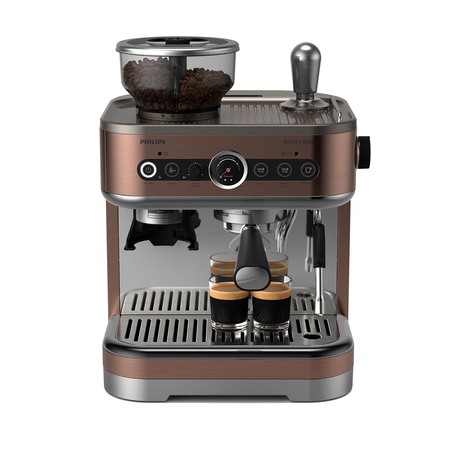 PHILIPS Barista Brew Semi Automatic Espresso Machine - Single & Double Espresso + Americano Button, 280g Dual Bean Container, Intuitive Guidance, Calibrated Tamping, Metal Cappuccino (PSA3228/41)