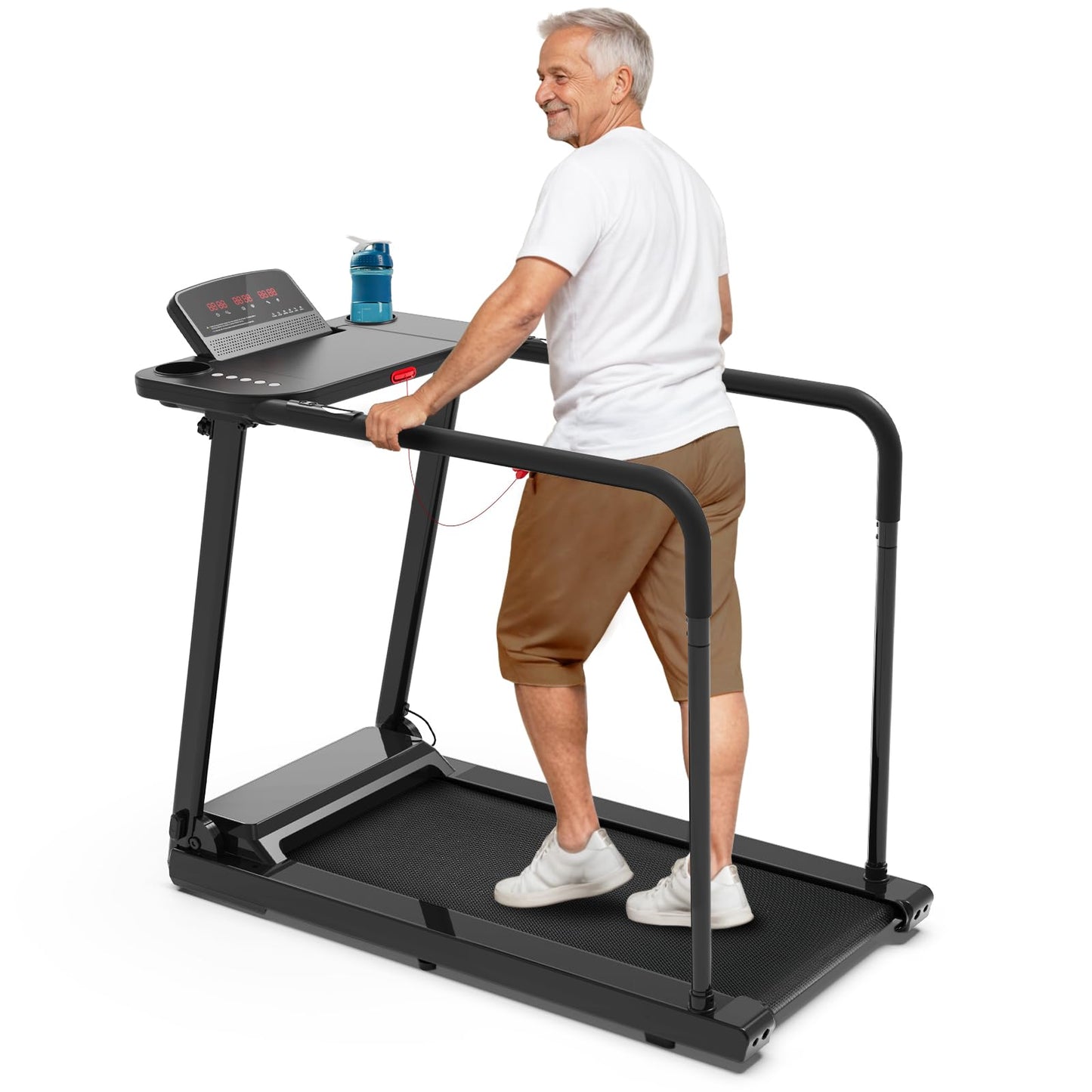 Redliro Treadmill for Seniors with Long Handrails - Recovery Machine for Walking 300 lbs Weight Capacity - Walking Treadmill Elderly with Desk & Cup Holder (Glossy Black)