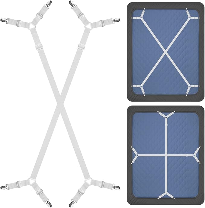 ZHOUBIN Bed Sheet Straps Suspenders Clips Under Mattress for Keep Sheets in Place White, Set of 2