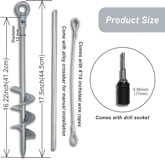 Tyalez 18 inch Ground Anchor Heavy Duty Earth Anchors Set Screw in for Mobile Home, Swing, Tent Trampoline Anchors Wind Resistant Tree Stakes and Supports with Drill Socket, 4 Pack