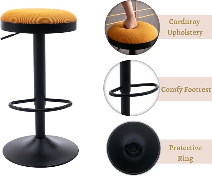 EALSON Modern Swivel Bar Stools Set of 6 Adjustable Counter Height Backless Barstools with Metal Base Fabric Upholstered Round Bar Stool Chairs for Kitchen Island/Pub/Breakfast Bar, Yellow