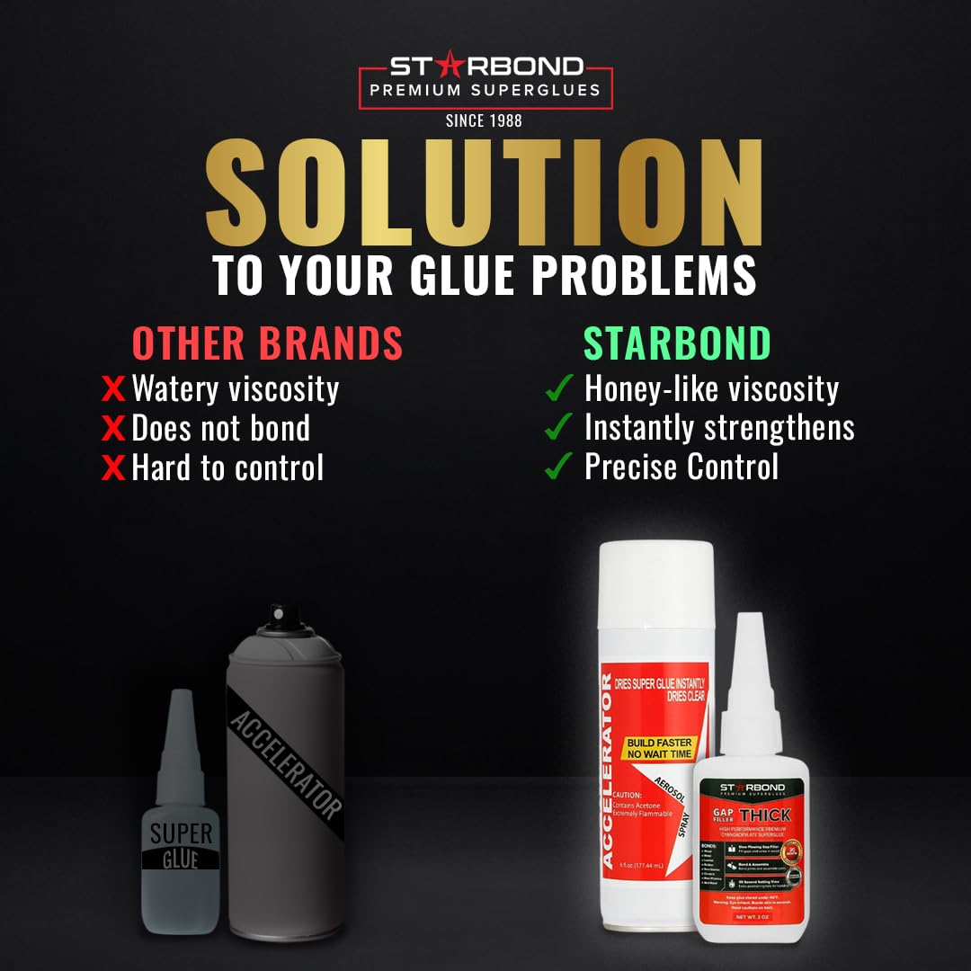 Starbond 2 oz Thick CA Glue with 6 oz Aerosol Activator Bundle Premium Cyanoacrylate Super Glue for Mitre Joint Bonding, Woodworking, Carpentry, Archery Fletching