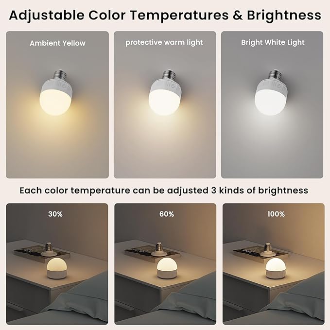 SCOPOW 1PC Rechargeable Light Bulbs with Remote Control Timer and 3 Color Temperature Rechargeable Battery Operated Light Bulb (5W+E26+3Colors+1PC)