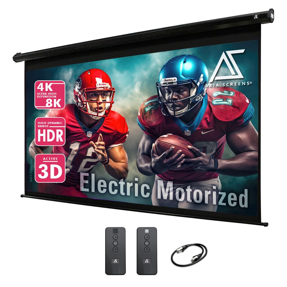 Akia Screens 125-Inch Motorized Projector Screen, 16:9, Electric Drop Down with Remote, Wall or Ceiling Mount, 4K/8K Ready, AK-MOTORIZE125H2.