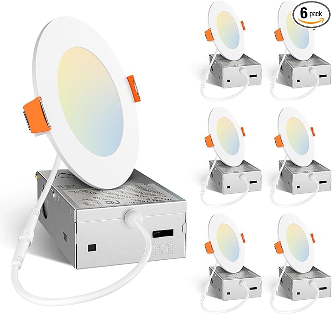 Amico 6 Pack 4 Inch 5CCT Ultra-Thin LED Recessed Ceiling Light with Junction Box, 2700K/3000K/3500K/4000K/5000K Selectabl...