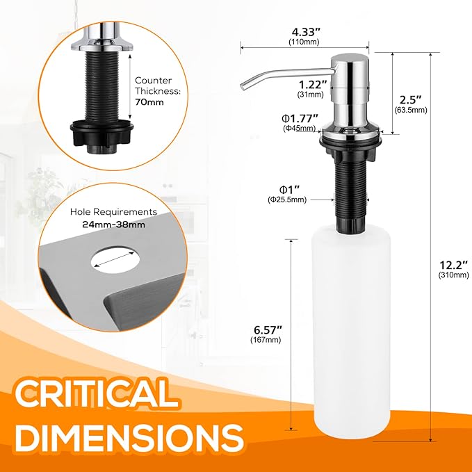 Built in Soap Dispenser for Kitchen Sink Chrome Stainless Steel Pump Head, Counter Soap Dispenser Refill from Top with 17 Ounce PE Bottle