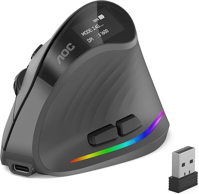 AOC 2.4GHz Ergonomic Mouse, Wireless Bluetooth Vertical Mouse for Work, 4800 DPI Optical Tracking, 5 Adjustable DPI, Quiet...