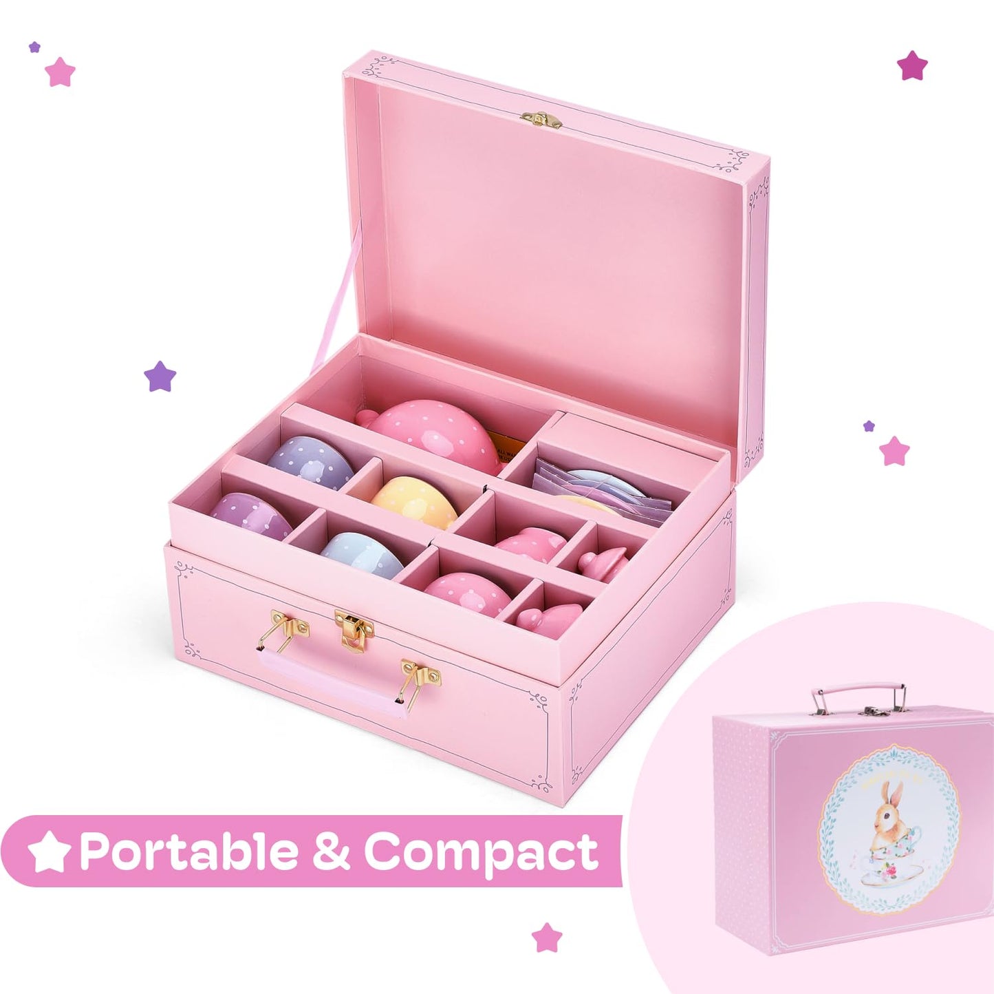 Jewelkeeper 13 Pieces Porcelain Tea Set for Little Girls with Pastel Picnic Basket - Mini Toddler Tea Sets for Girls 2 and Up - Real Cups, Teapot, and Saucers - Children Playset - Polka Dots Design
