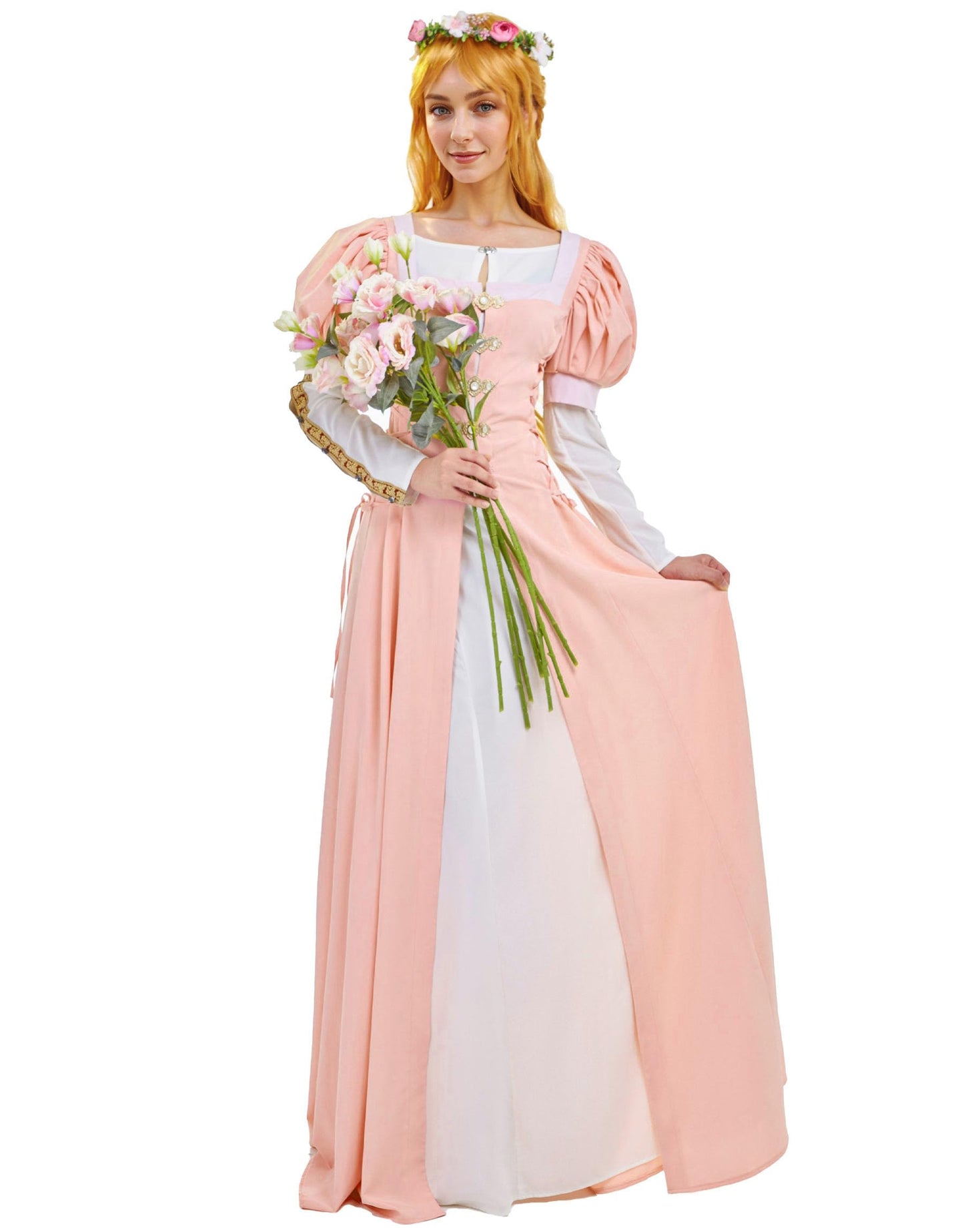 Daizbella Renaissance Dress Women Medieval With Puff Sleeves XVI Century Historical Costume Fake Two-Piece Pink