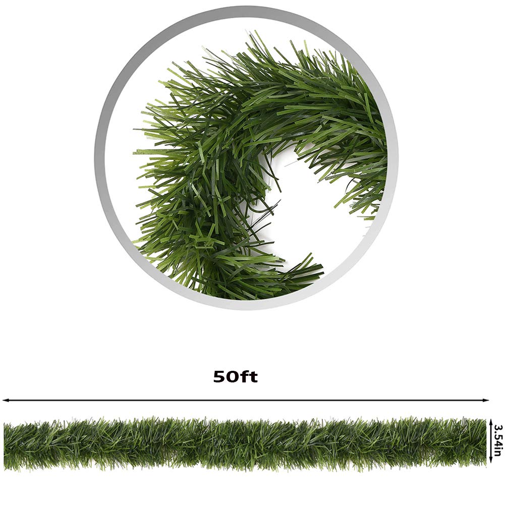 50 Feet Green Tinsel Artificial Pine Decorative Greenery Tinsel Stems Non-Lit Soft Twist Garland 12 Inch x 2Inch for Holiday Season Outdoor Indoor Party Decorations