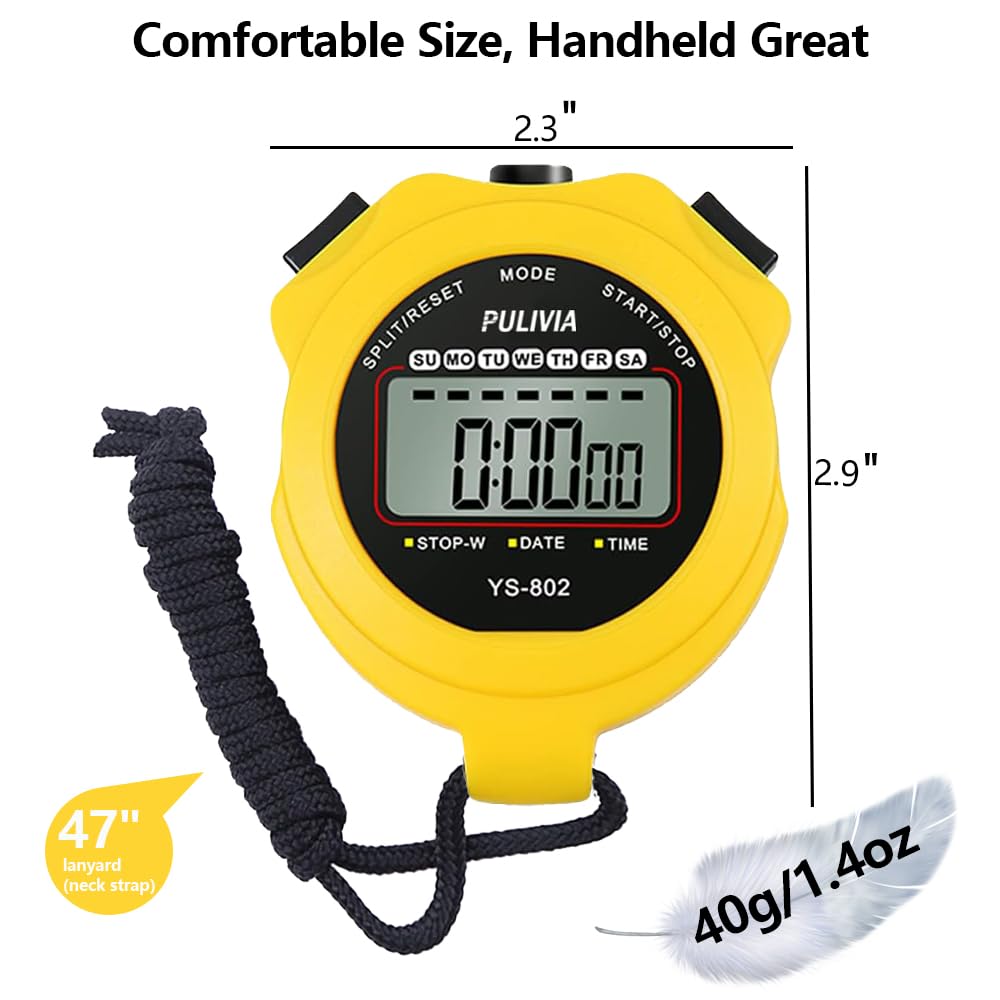 PULIVIA Sports Stopwatch Timer, Single Lap Split Digital Stop Watch for Sports Kids Coaches Swimming Running, Yellow