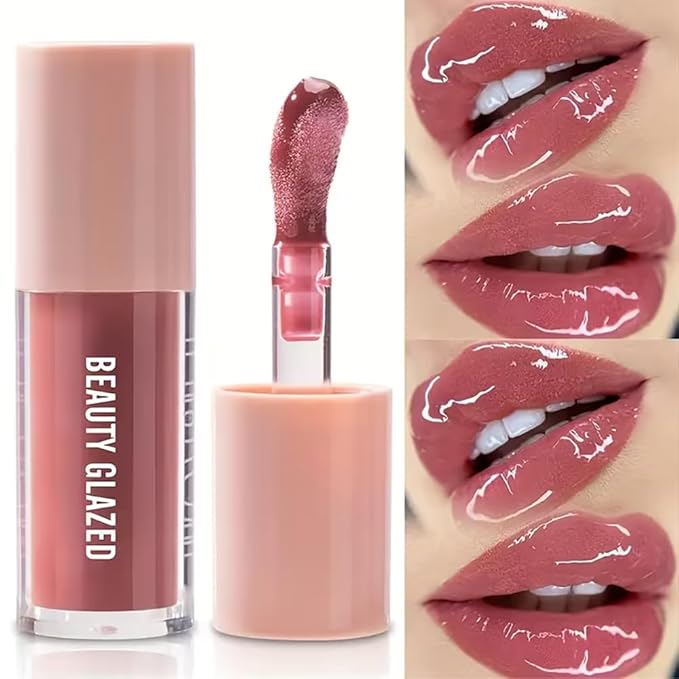 Beauty Glazed Big Brush Head Lip Oil, Ultra-Hydrating & Nourishing, Smooth Glossy Finish Lip Glow Oil, Shiny and Vegan Tinted Lip Gloss, Non-Sticky Formula (2, Clear & Pink)