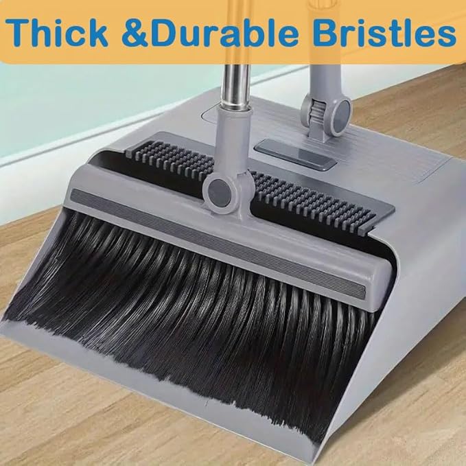 Broom with Dustpan Combo Set, 3 in 1 for Sweeping Indoor and Push Broom Outdoor with Dust Pan, 14.2 to 48.8 inch Adjustable Long Handle Broom and Dustpan Set (Light Grey)