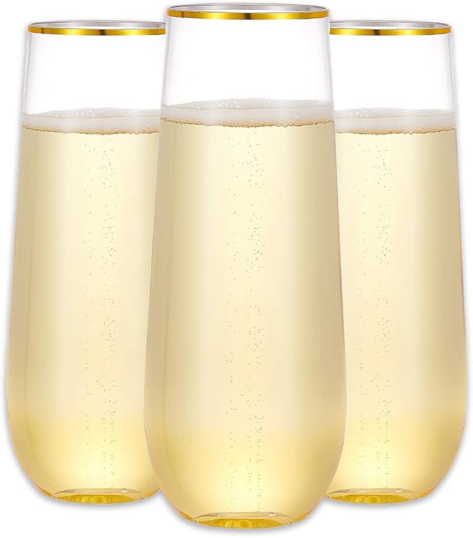 N9R 12PCS Plastic Champagne Flutes, 9 oz Stemless Disposable Gold Rim Toasting Glasses, Crystal Clear Cocktail Cups Drinkw...