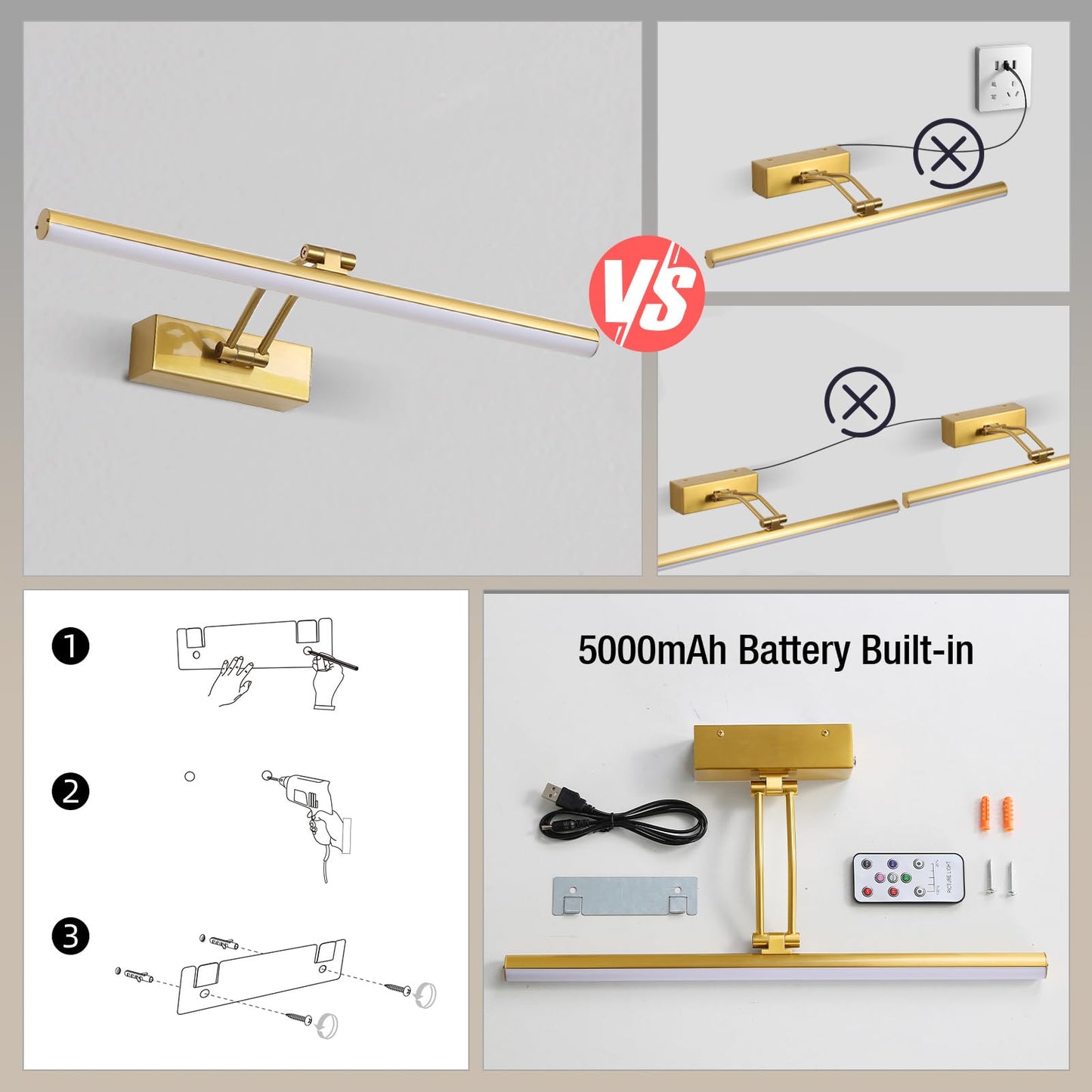 HOWMZON Picture Light,5200mAh Battery Picture Light with Remote, 16inches Metal Frame Light for Paintings, Rechargeable Display Wall Lamp for Gallery Portrait Artwork (Brass)