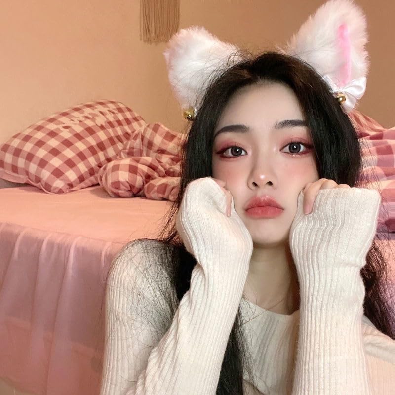 YOVECATHOU Light Up Headband Cat Ears With Bell Furry Headband Rave Accessories For Women Girls Valentine's Day Party Costume