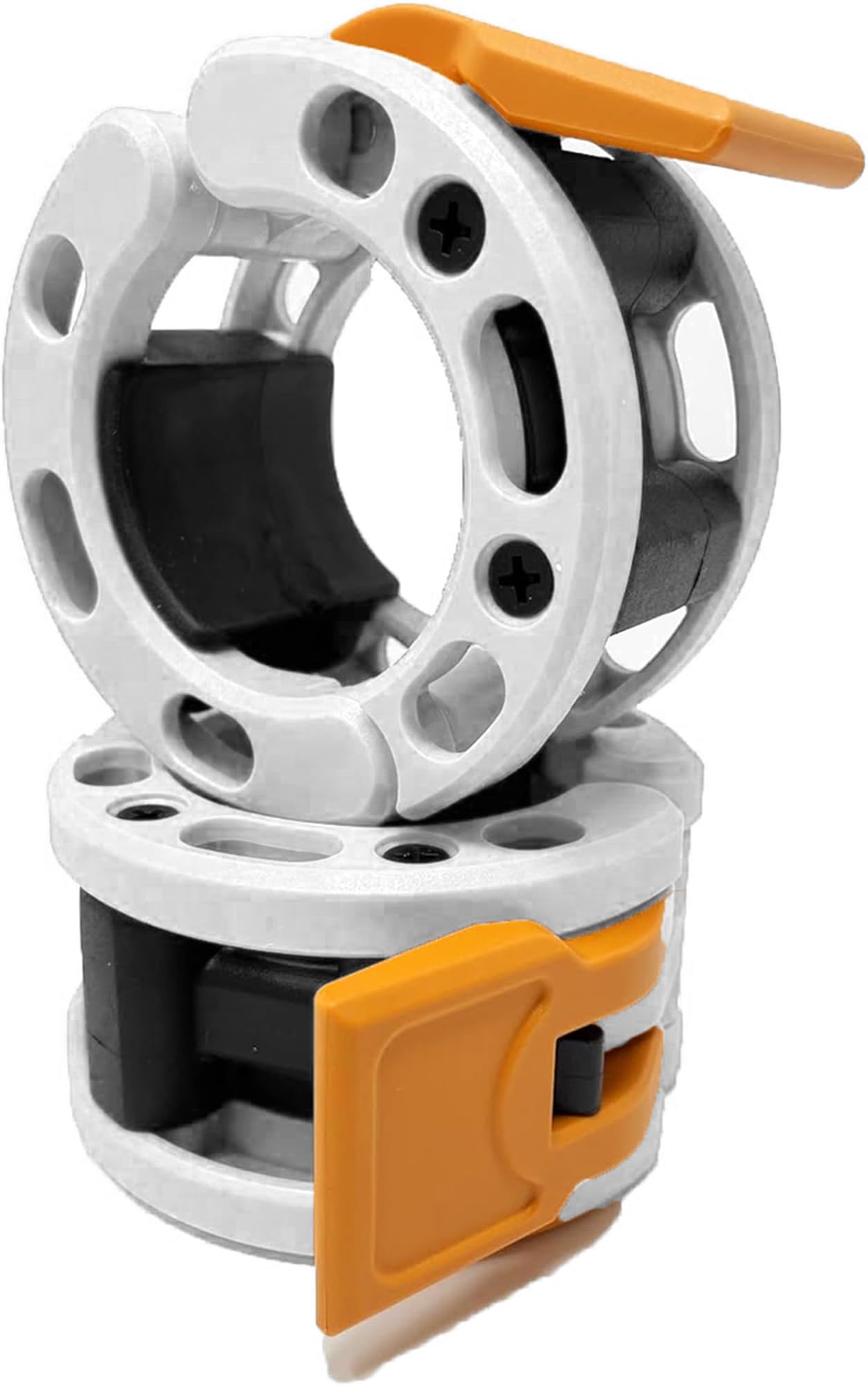 Clout Fitness Olympic Barbell Clamps Collars Quick Release Pair of Locking Weight Clips Fit 2 Inch Barbell for Weightlifting (Orange/White)