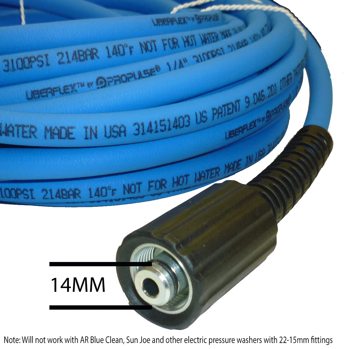 Blue UBERFLEX Kink Resistant Pressure Washer Hose 1/4" x 30' 3,100 PSI with (2) 22MM
