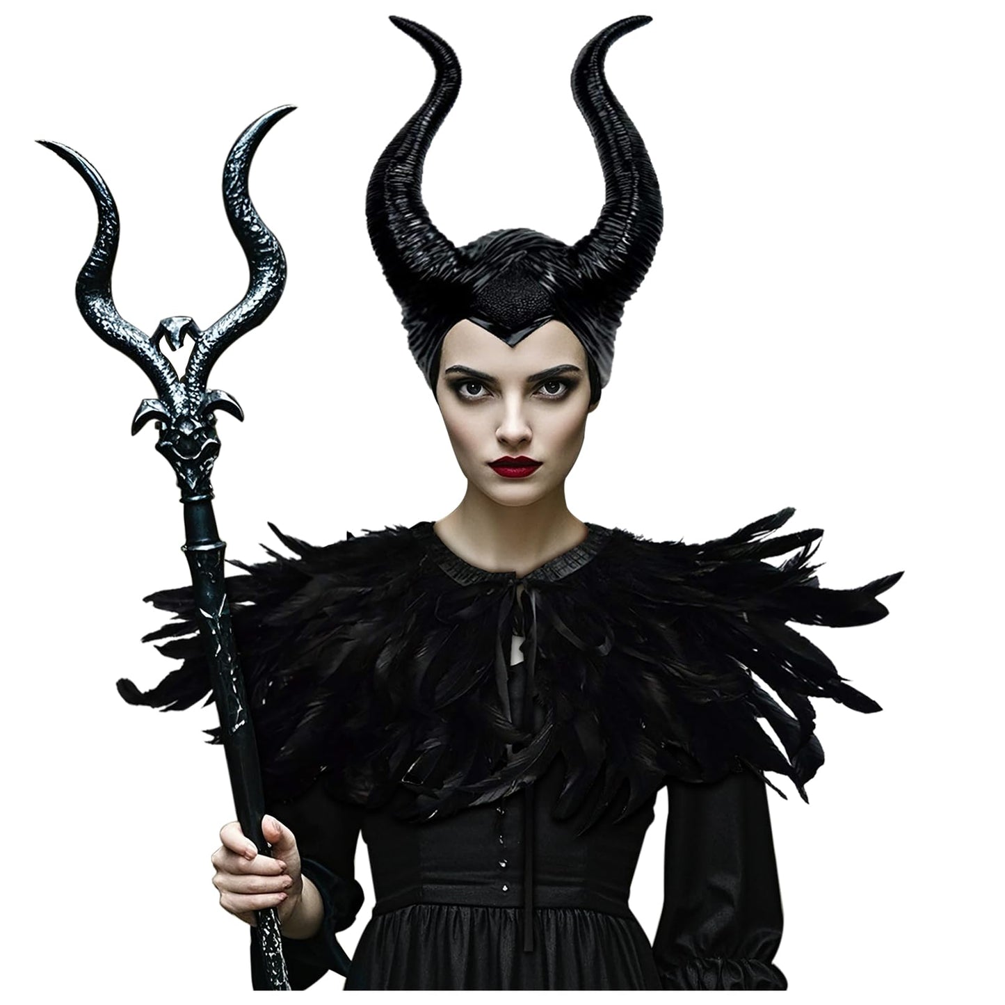 L'VOW Women Gothic Black Feather Cape Shawl Demon Witch Ox Horns Halloween Crow Evil Queen Costume(Style-1)
