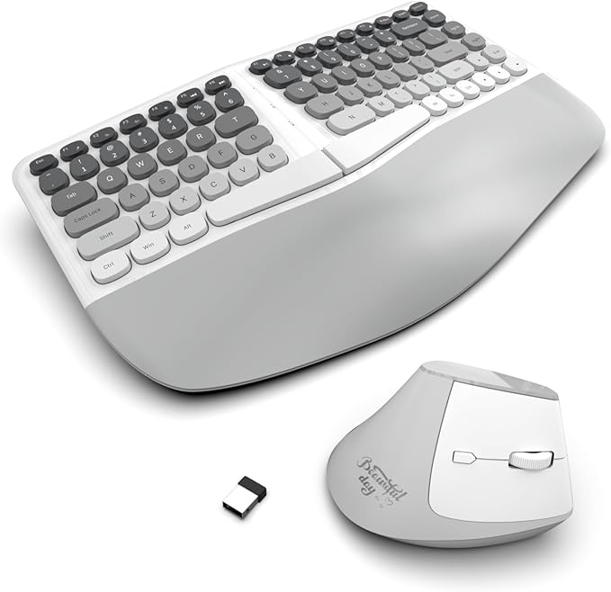 Ergonomic Wireless Keyboard and Mouse Set Creamy Wireless Keyboard Silent Mice Set with Wrist Rest for Computer, Laptop, P...