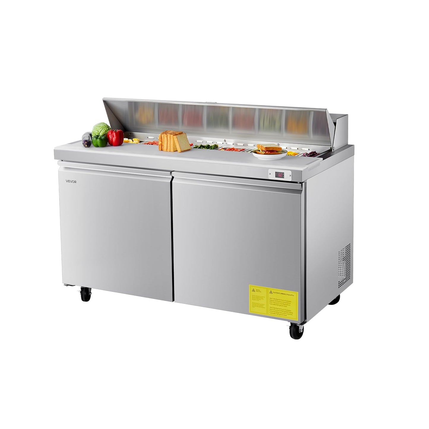 Vevor 60 W Commercial Refrigerator, 15.4 Cu. Ft Sandwich Prep Refrigerated Table, Mega Top Food Prep Fridge With 16 Pans Cutting