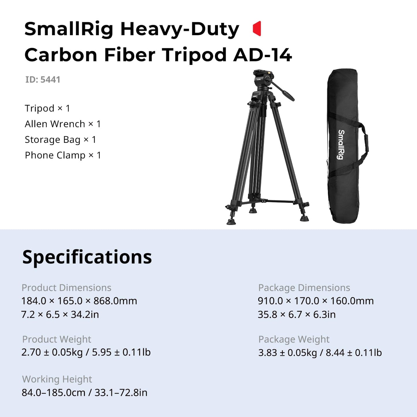 SMALLRIG 73''/185cm Carbon Fiber Heavy Duty Video Tripod, Max Load 10kg (22lbs), Fluid Head with +85° to -78 Tilt Range, Compact Camera Tripod Weight 2.7kg(6lbs), Folded Height 87cm, AD-14-5441