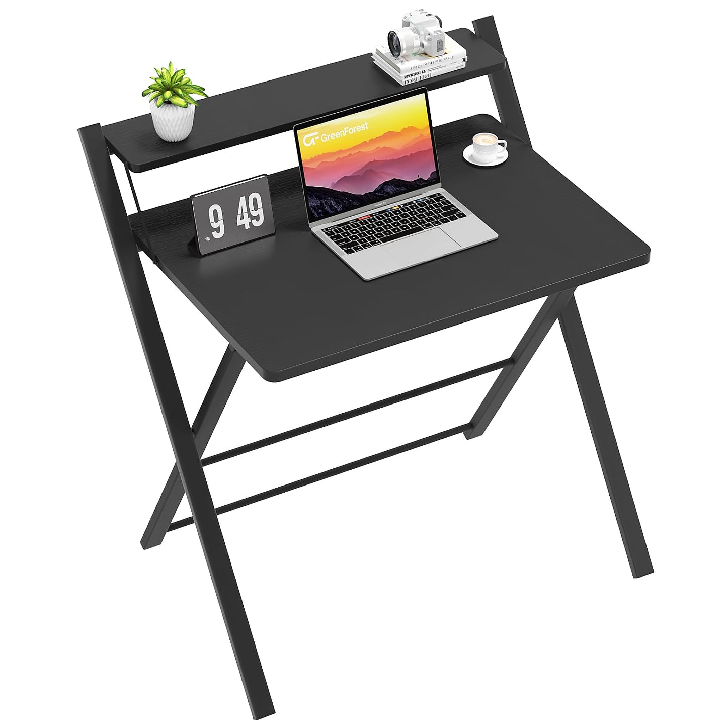 GreenForest No Assembly Folding Desk, 2-Tier Compact Computer Desk with Shelf, Space Saving Foldable Table for Home Office, Dorm or Apartment, Portable Collapsible Sturdy Laptop Desk, Black