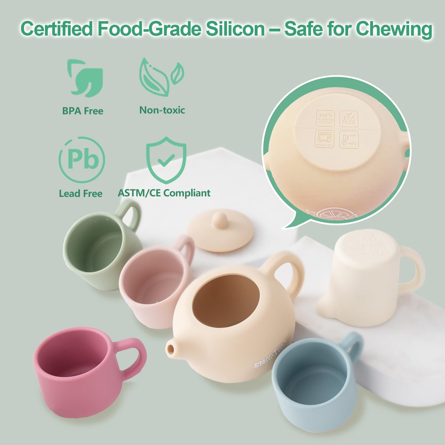 Smartwo Silicone Tea Set for Toddlers Aged 0+ Months,Real or Play Tea Party Set for Kids,Non-Toxic Baby Kitchen Toys,Cute Morandi Children Gift Suitable for Little Girl Boy(with Washable Cloth Napkin)