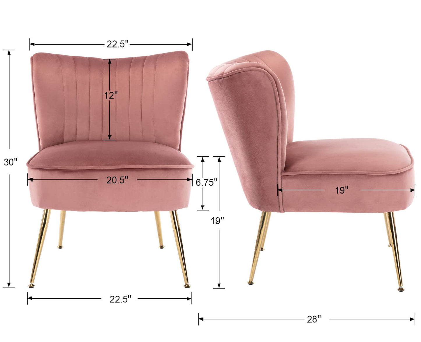 CIMOTA Velvet Accent Chairs Set of 2 Modern Armless Slipper Wingback Single Sofa Side Chair Comfy Corner Chair with Golden Legs for Living Room Bedroom, Pink