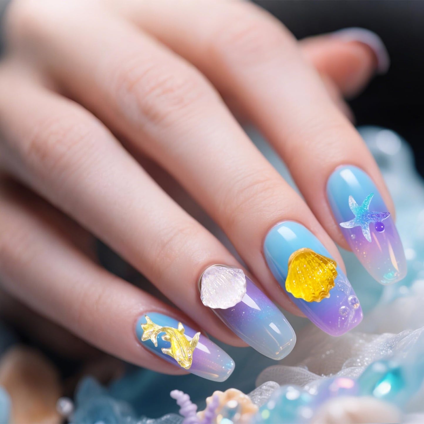 50pcs Summer Ocean Nail Charms, 3D Resin Sea Shell Starfish Beach Rhinestone Nail Charms Ocean Beachy Series Mermaid Theme Decor