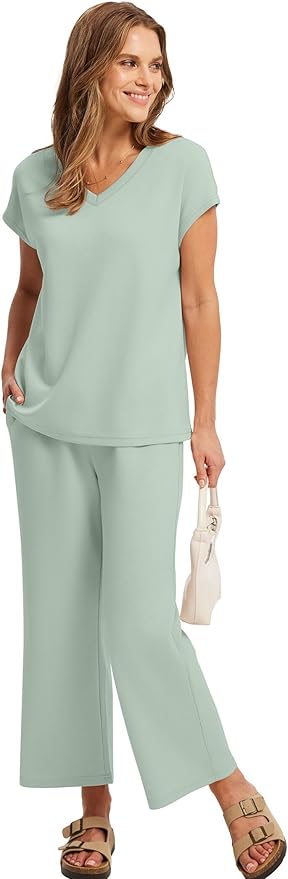 Saloogoe Two Piece Sets for Women Summer Outfits Lounge Sets V Neck Tops Wide Leg Pants Woman Vacation Travel Outfits