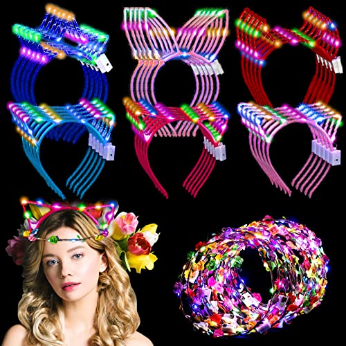 Xinnun 50 Pcs LED Cat Ear Headbands Bulk, Light up Flower Headband Glow Crown Rabbit Ear Head Accessories for Glow in the ...