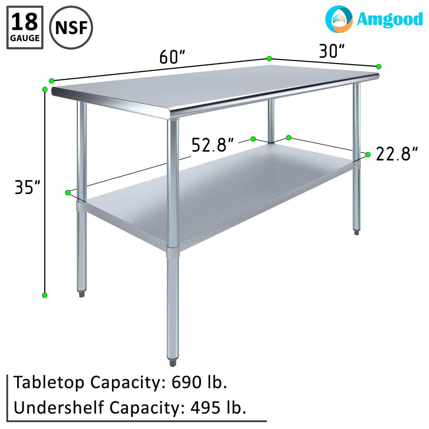 AmGood 30 in. x 60 in. Stainless Steel Work Table | Metal Kitchen Food Prep Table | NSF