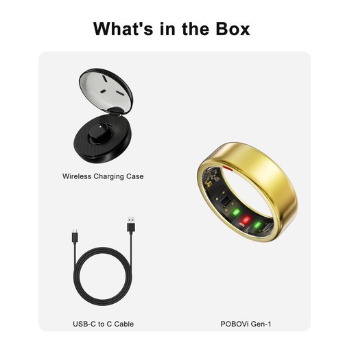 POBOVi Smart Ring for Women Men- Sleep/Fitness/Stress/Heart Rate Tracker- Menstrual Records - 7 Days Battery Life - Wireless Charging - No APP Subscription - iOS & Android Compatible (Gold, Size 11)