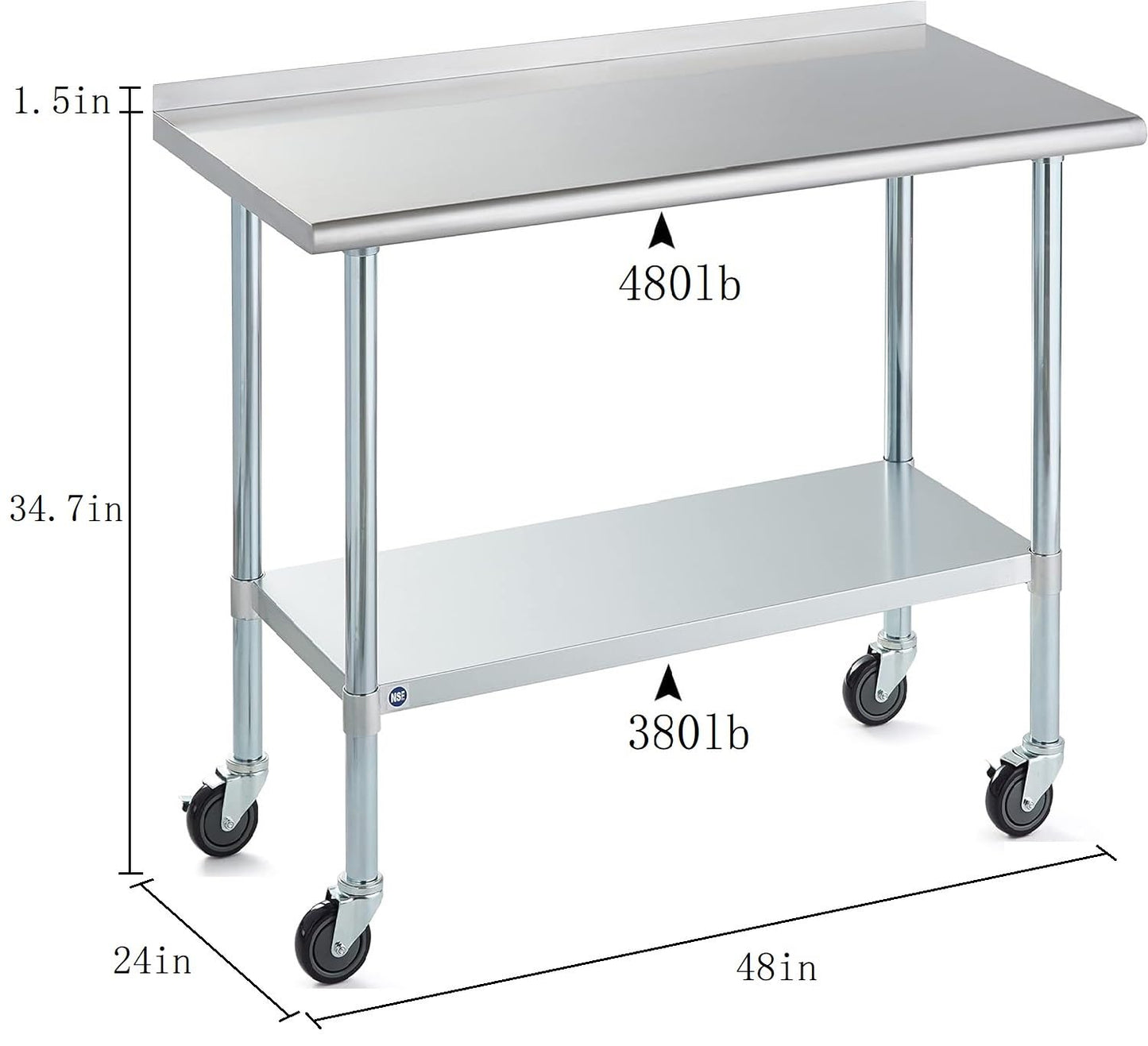 Stainless Steel Table for Prep & Work with Caster & Backsplash 24x48 Inches, NSF Metal Commercial Kitchen Heavy Duty Table with Adjustable Under Shelf and Table Foot for Restaurant, Home and Hotel