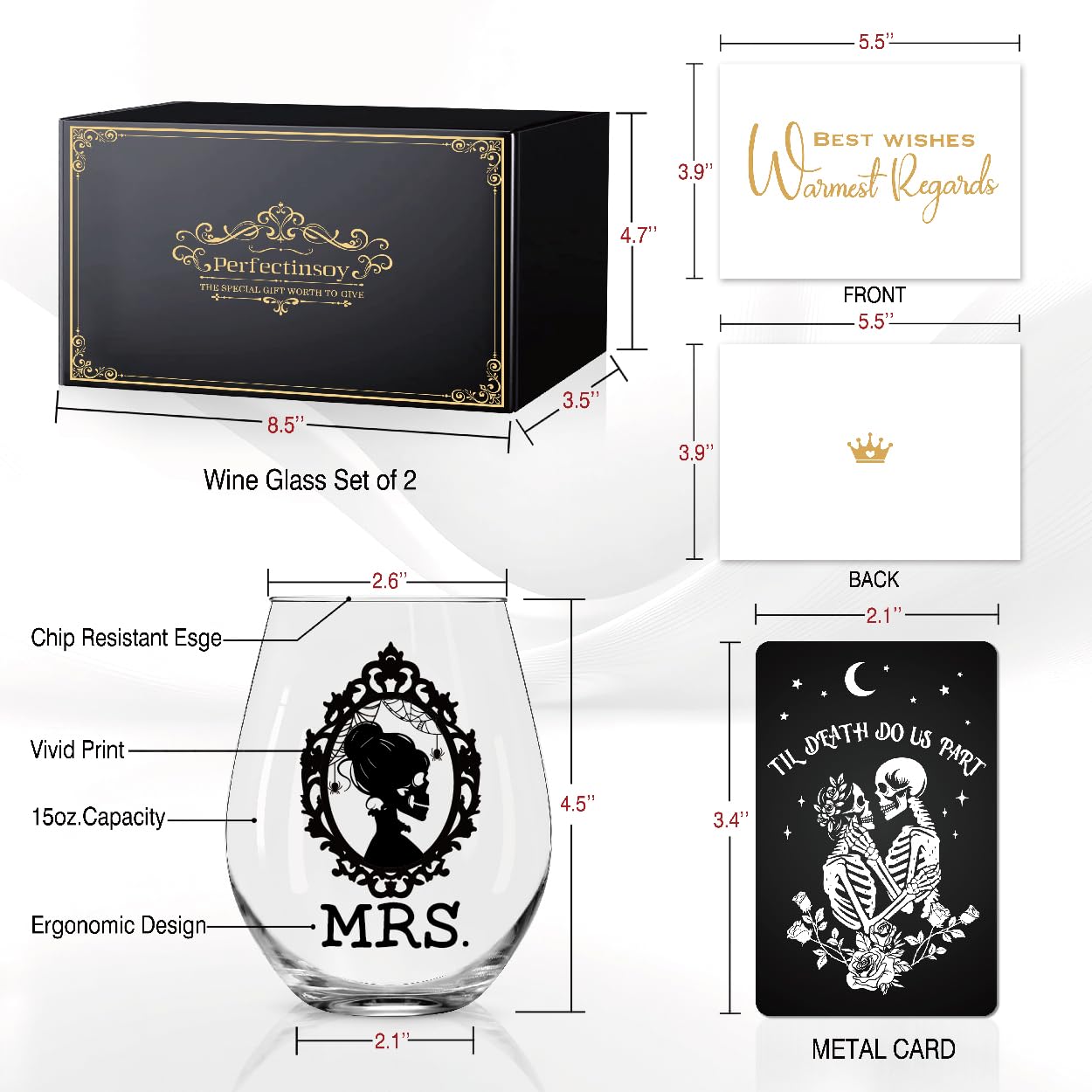 Perfectinsoy Skull Wine Glass 2 Piece with Gift Box, Zombie Design, Valentine's Day Autumn Halloween, Anniversary Wedding Gifts, Couple Gifts for Boyfriend and Girlfriend. (Mrs Mr Set of 2)