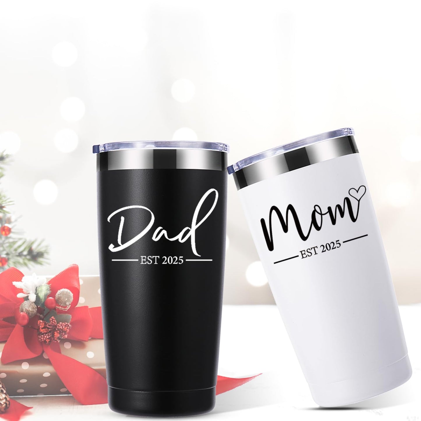 momocici Dad Mom Est 2025 20 OZ Tumbler.Anniversary New Parents Pregnancy Parents to be Gift.Father's Mother's Day Couples Gifts.Mom to Be Dad to Be Gifts.(Black&White)