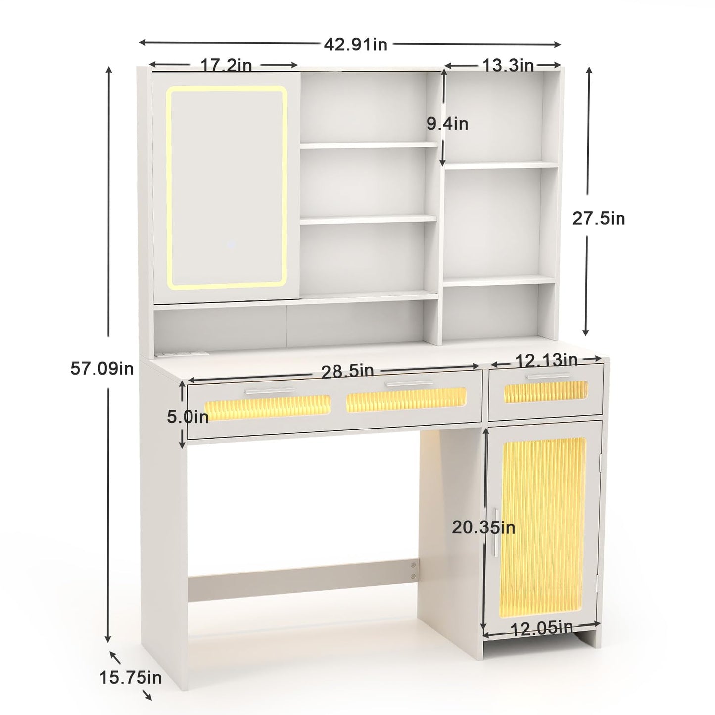 Hadulcet White Vanity Desk with Mirror and Lights, LED Vanity with Power Outlet, Makeup Vanity with 2 Drawers, 10 Storage Shelves and Acrylic Door Cabinet for Bedroom Dressing Room, 43”