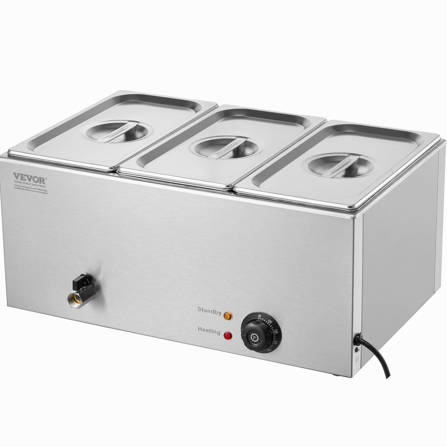 VEVOR 3-Pan Commercial Food Warmer, 24QT Electric Steam Table, 1200W Professional Countertop Stainless Steel Buffet Bain Marie with 86-185°F Temp Control for Catering and Restaurants, Silver