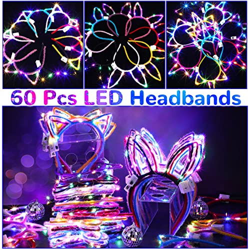 Janinka 60 Pcs Glow in the Dark Headbands Set, Cat Ear Headband Unicorn Rabbit Bunny Lighted Ear Headband Bulk for Women G...